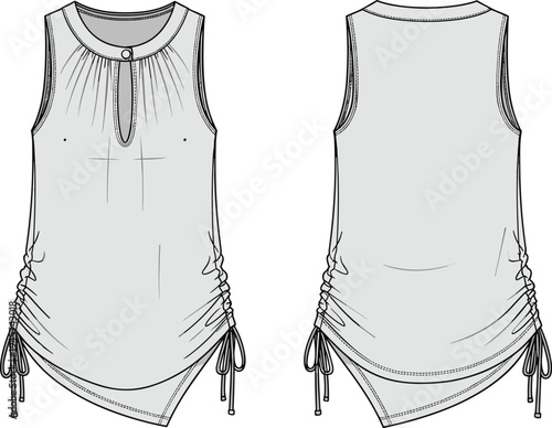 Technical flat sketch of women’s sleeveless top front and back view with keyhole neckline ruched sides drawstring detail fashion design