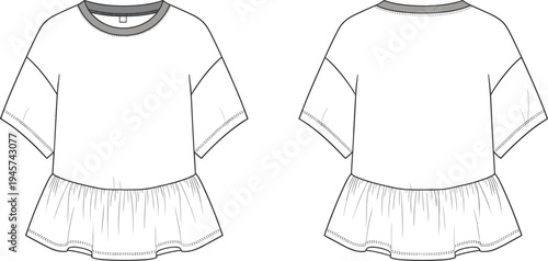 Technical flat sketch of women’s peplum top with round neckline, contrasting collar band, dropped shoulders, and gathered hem detail