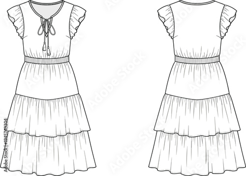 Technical flat sketch of women’s tiered dress front and back view with ruffle sleeves keyhole neckline tassel tie fashion design