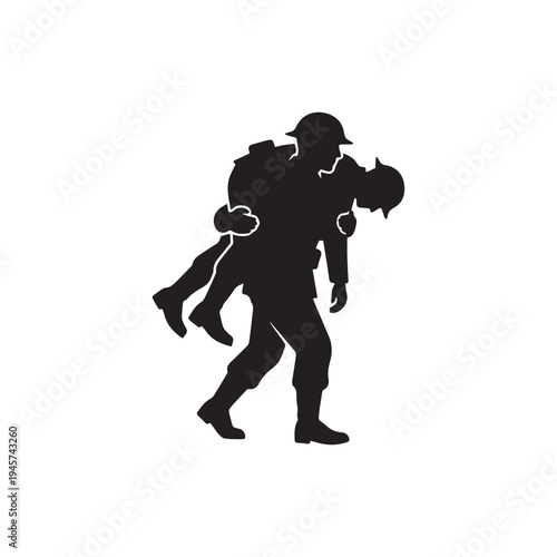 Soldier Carrying Injured Comrade Silhouette Rescue Support Military Duty.