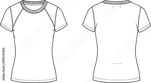Women’s short sleeve raglan t‑shirt front and back views, round ribbed neckline, fitted silhouette, fashion garment flat sketch design