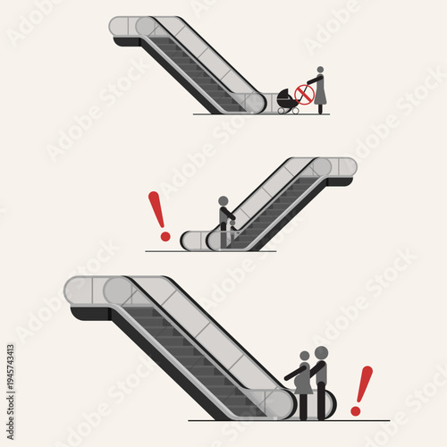 Minimalist vector illustration explaining escalator safety rules.