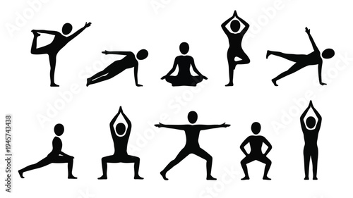 A set of yoga poses and fitness stick figure icons.