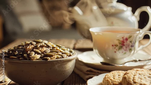 Close up of tea cup with saucer and cookies bowl with seeds on wooden table