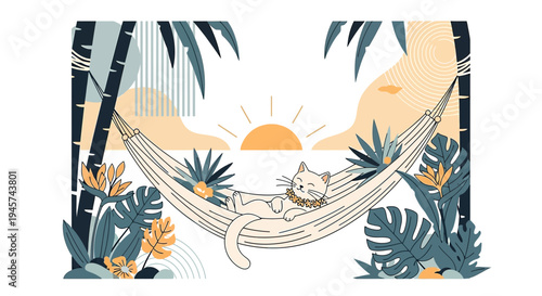 Cute Cat Relaxing in Hammock Tropical Sunset, Summer Vacation Vibes