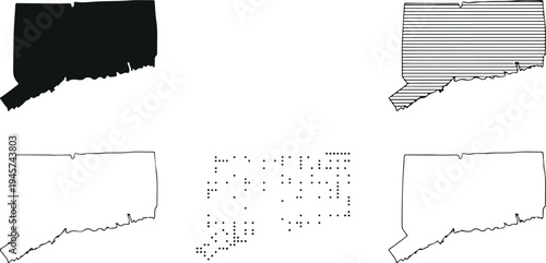 Connecticut state map vector set with solid silhouette outline dotted pattern and striped design geographic illustration collection