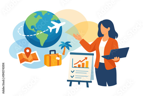 Travel agent presenting global travel destinations and business plan.