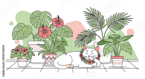 Cute Cat Sleeping Among Tropical Plants and Flowers Illustration