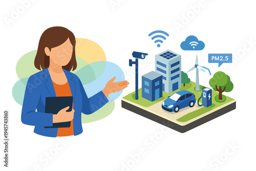 Woman presenting smart city technology and sustainable urban development concepts.