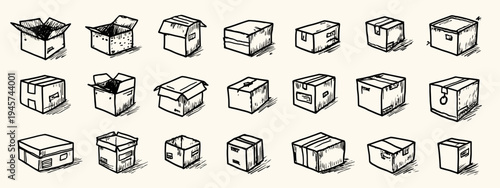 Variety of Hand-Drawn Boxes in Different Shapes and Sizes Ready for Gift Giving or Shipping