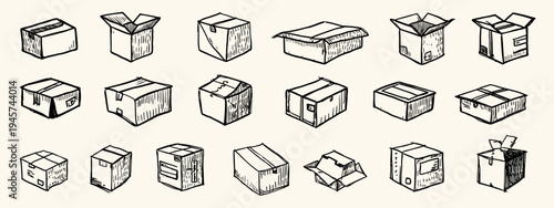 Variety of Hand-Drawn Boxes in Different Shapes and Sizes Ready for Gift Giving or Shipping