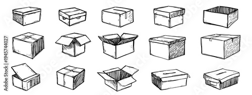 Variety of Hand-Drawn Boxes in Different Shapes and Sizes Ready for Gift Giving or Shipping