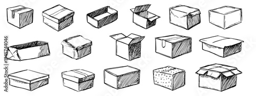 Variety of Hand-Drawn Boxes in Different Shapes and Sizes Ready for Gift Giving or Shipping
