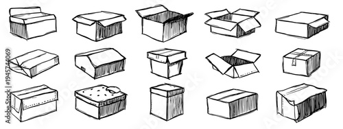 Variety of Hand-Drawn Boxes in Different Shapes and Sizes Ready for Gift Giving or Shipping