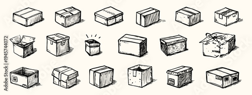 Variety of Hand-Drawn Boxes in Different Shapes and Sizes Ready for Gift Giving or Shipping