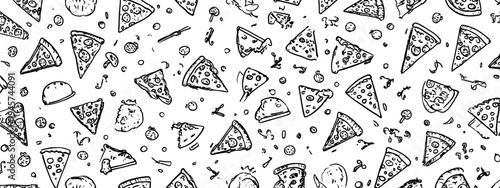 Delicious Pizza Slices and Ingredients Pattern Illustration on a White Background