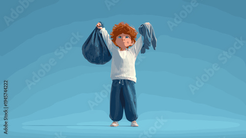 Young Boy Holding Clothes and Looking Curious in a Playful Cartoon Style 