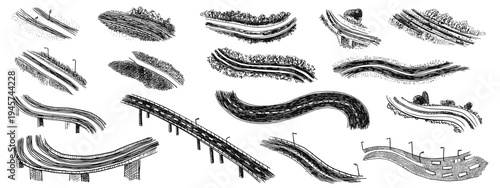 Intricate Black and White Illustrative Patterns with Geometric Shapes and Abstract Designs Road junctions and motorways