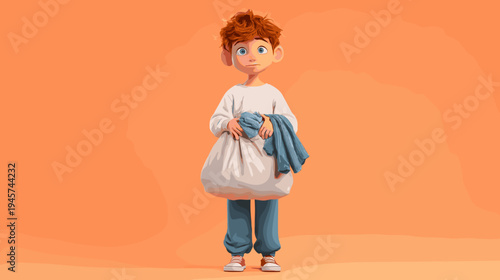 Young Boy Holding Clothes and Looking Curious in a Playful Cartoon Style 