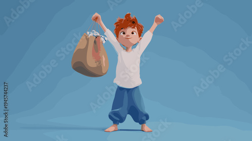 Young Boy Holding Clothes and Looking Curious in a Playful Cartoon Style 