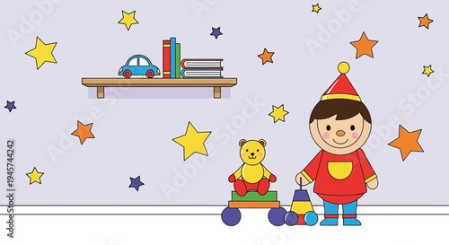 Cute Cartoon Boy with Toys and Stars on Wall in Nursery