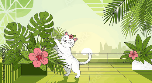 Cute Cat with Flower Crown Plays Among Tropical Plants on Rooftop