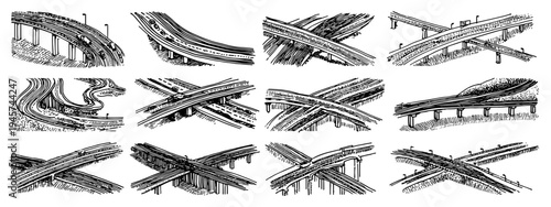 Intricate Black and White Illustrative Patterns with Geometric Shapes and Abstract Designs Road junctions and motorways