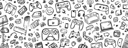 Intricate Black and White Doodle Design Featuring Varied Icons and Illustrative Figures