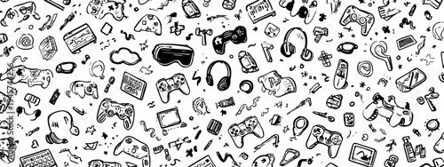 Intricate Black and White Doodle Design Featuring Varied Icons and Illustrative Figures