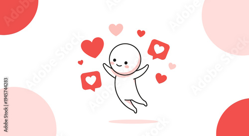 Cute Cartoon Character Jumping with Hearts and Like Icons, Joyful Love Concept