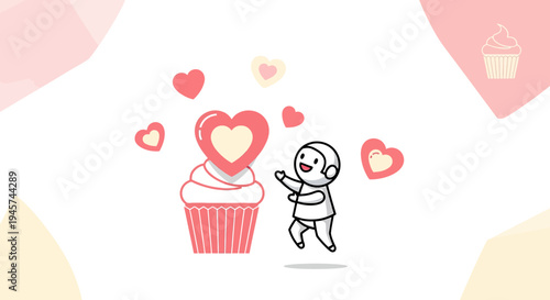 Cute Cartoon Character Reaching for Heart Cupcake with Floating Hearts