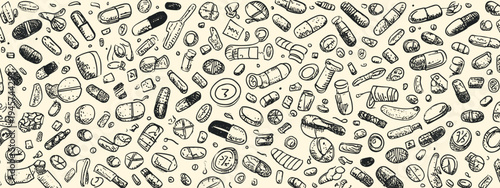 Colorful Medical Pills and Capsules Pattern in Hand Drawn Style
