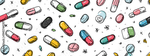 Colorful Medical Pills and Capsules Pattern in Hand Drawn Style

