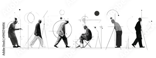 Sequence of People Walking in Various Attires Against an Abstract Monochrome Background