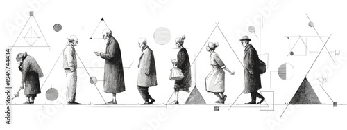 Sequence of People Walking in Various Attires Against an Abstract Monochrome Background