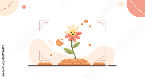 Cute cartoon flower illustration with happy face and abstract shapes, vector art