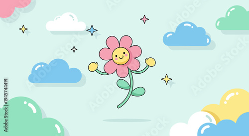 Cute Cartoon Flower Dancing in Sky with Clouds and Stars