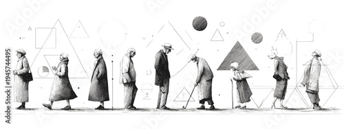 Sequence of People Walking in Various Attires Against an Abstract Monochrome Background