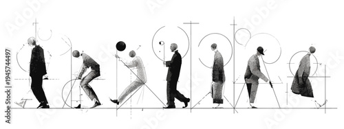 Sequence of People Walking in Various Attires Against an Abstract Monochrome Background