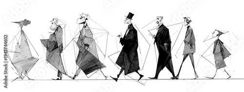 Sequence of People Walking in Various Attires Against an Abstract Monochrome Background