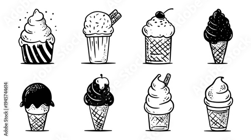 Variety of Ice Cream Cones in Different Flavors and Styles Hand Drawn in Black and White