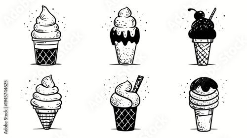 Variety of Ice Cream Cones in Different Flavors and Styles Hand Drawn in Black and White
