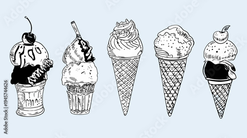 Variety of Ice Cream Cones in Different Flavors and Styles Hand Drawn in Black and White