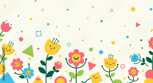 Cute Cartoon Flowers with Geometric Shapes and Confetti - Cheerful Spring Illustration