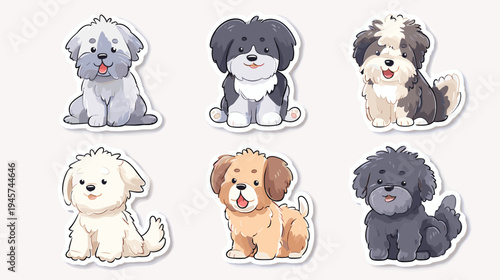 Group of Adorable Cartoon Puppies Sitting Together in Various Poses and Expressions