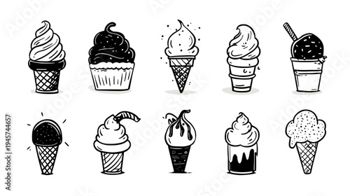 Variety of Ice Cream Cones in Different Flavors and Styles Hand Drawn in Black and White