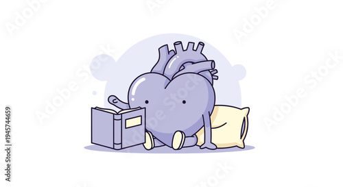 Cute Cartoon Heart Character Reading Book Near Pillow