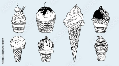 Variety of Ice Cream Cones in Different Flavors and Styles Hand Drawn in Black and White