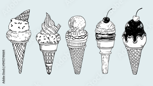 Variety of Ice Cream Cones in Different Flavors and Styles Hand Drawn in Black and White