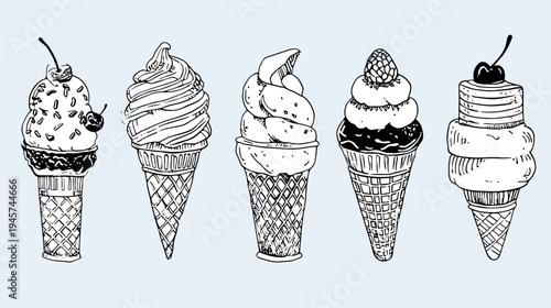 Variety of Ice Cream Cones in Different Flavors and Styles Hand Drawn in Black and White